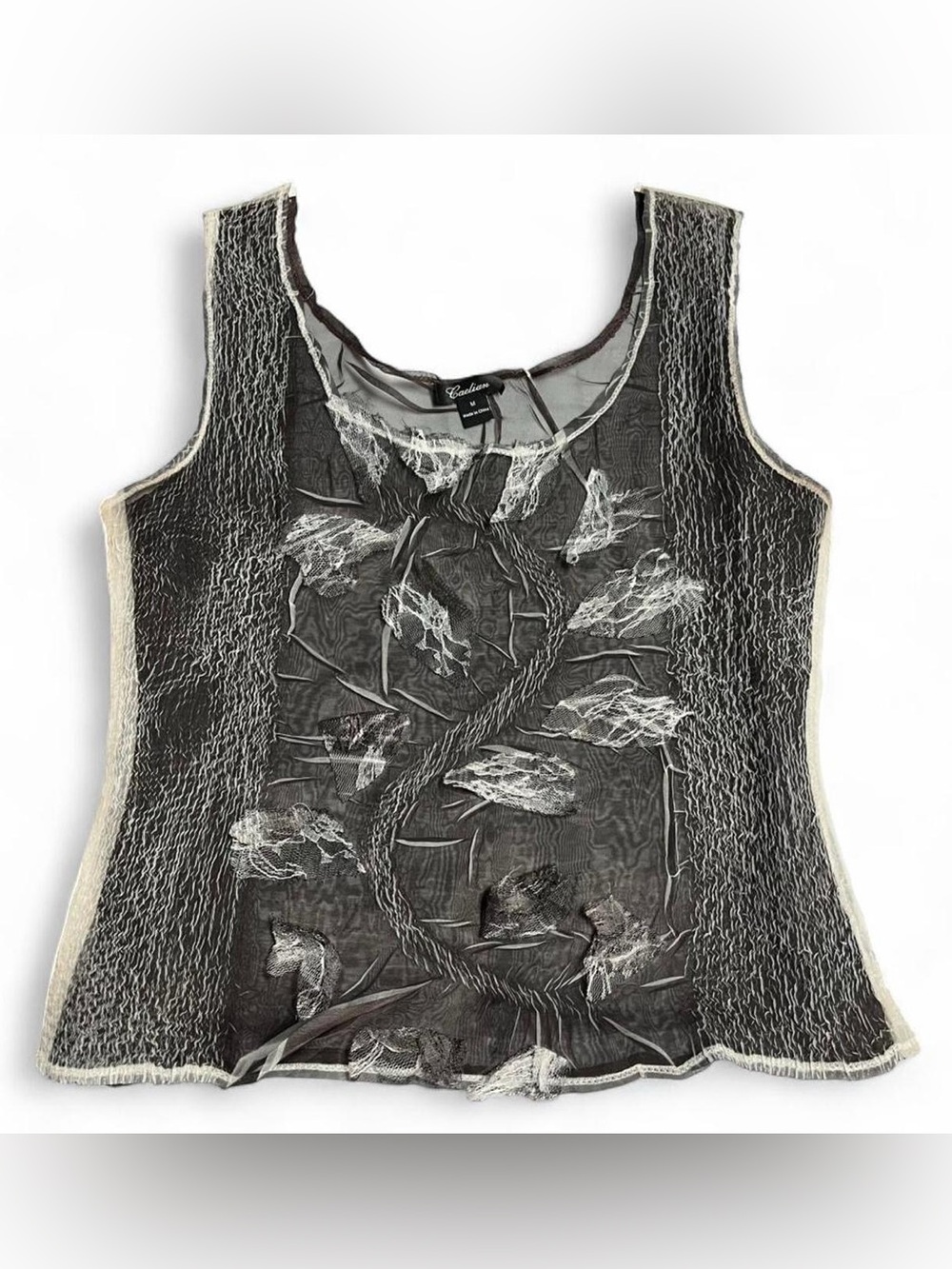 Caelian Avant garde sheer layered mesh crinkle & 3D appliqué top